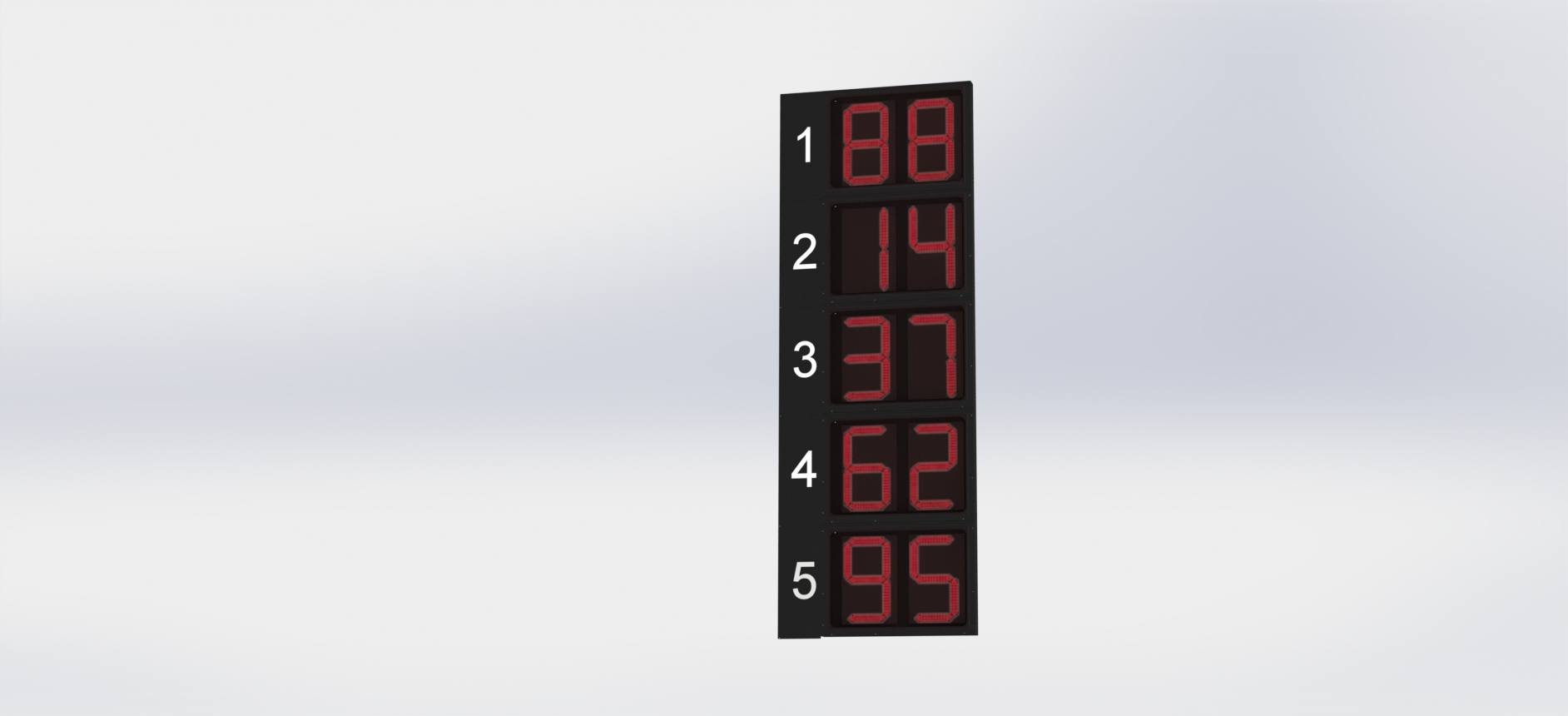 15-inch vertical race track scoreboard — Representative vertical layout; configuration varies.